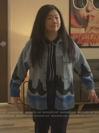 Alice’s blue landscape print jacket on Good Trouble