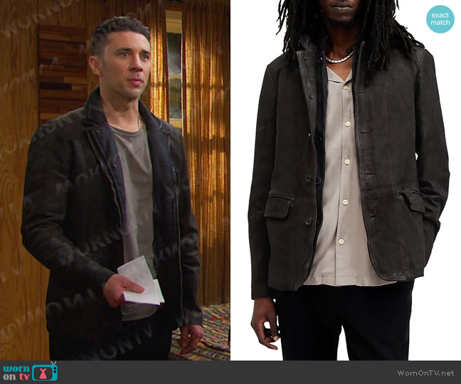All Saints Survey Suede Double Layer Blazer in Anthracite Gray worn by Chad DiMera (Billy Flynn) on Days of our Lives