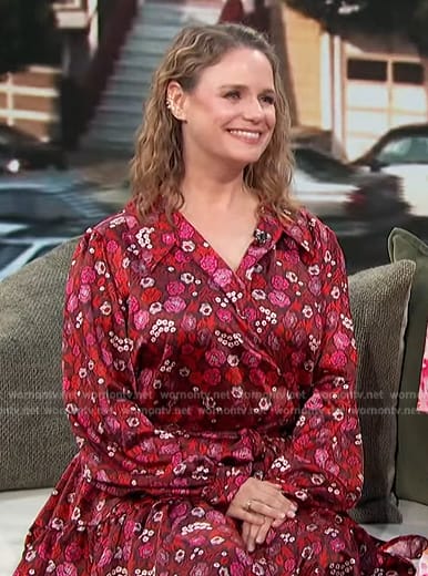 Andrea Barber’s pink floral print wrap dress on Access Hollywood