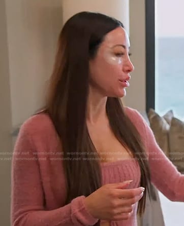 Angie’s pink knit tube top and cardigan on The Real Housewives of Salt Lake City