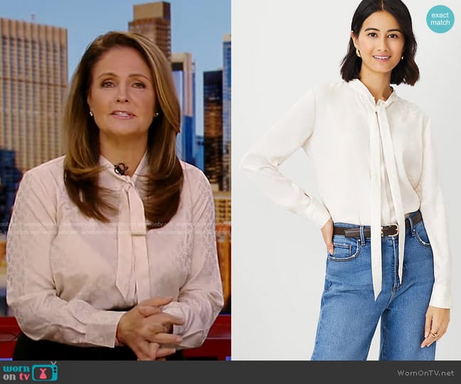 Ann Taylor Link Jacquard Tie Neck Blouse worn by Michelle Charlesworth on Good Morning America