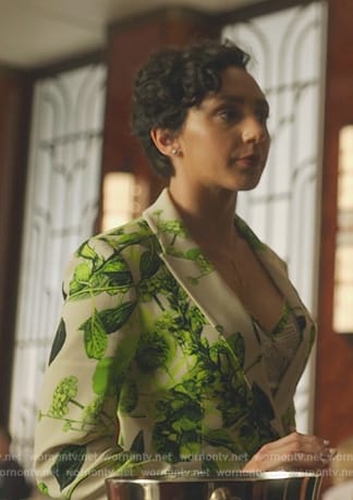 Anna’s green floral print suit on Death and Other Details