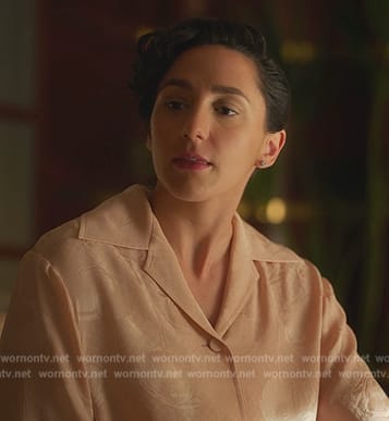 Anna’s pink floral silk blouse on Death and Other Details