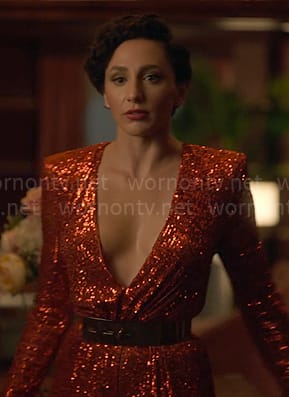 Anna’s red sequin jumpsuit on Death and Other Details