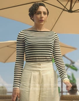 Anna’s striped top and drop earrings on Death and Other Details
