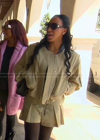 Annemarie’s beige bomber jacket and mini skirt on The Real Housewives of Beverly Hills