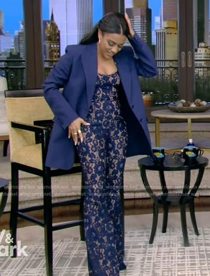 Ariana DeBose’s blue floral lace jumpsuit on Live with Kelly and Mark