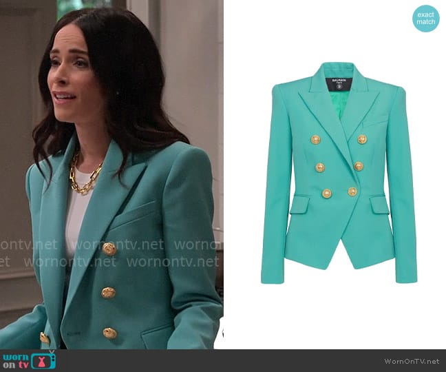 Balmain Peak-lapels double-breasted blazer worn by Julia Mariano (Abigail Spencer) on Extended Family