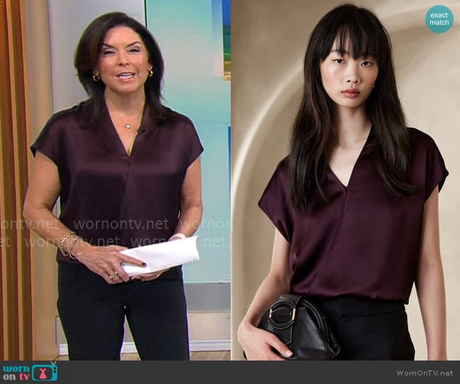 Banana Republic Poppy Satin Top in Purple Prune worn by Meg Oliver on CBS Mornings