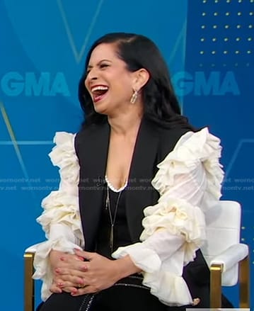 Bela Gandhi’s black and white ruffle sleeve blazer on Good Morning America