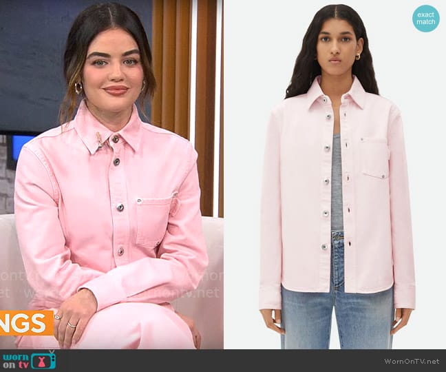Bottega Veneta Pink Wash Denim Shirt in Camelia worn by Lucy Hale on CBS Mornings