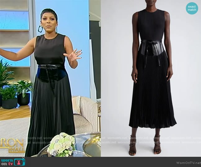 Brandon Maxwell The Claudia Leather Waist Pleated Dress worn by Tamron Hall on Tamron Hall Show
