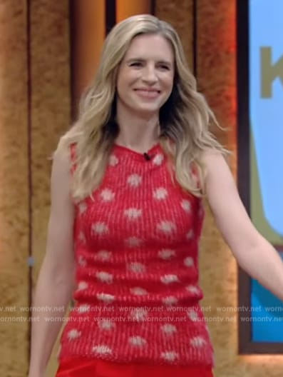 Brit Marling’s red polka dot knit top and pants on Live with Kelly and Mark