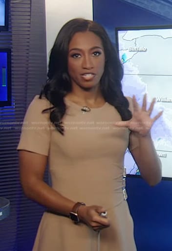 Brittany’s beige buckle waist dress on Good Morning America