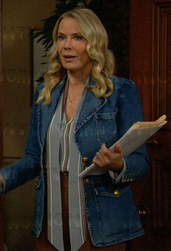 Brooke’s blue striped blouse and denim jacket on The Bold and the Beautiful