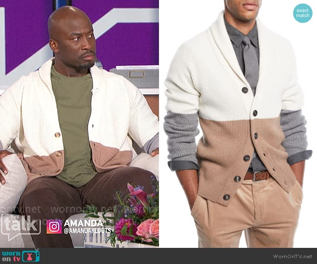 Brunello Cucinelli Colorblock Shawl-Collar Cardigan worn by Akbar Gbajabiamila on The Talk