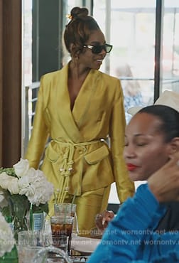 Candiace’s yellow satin tassel tie blazer on The Real Housewives of Potomac