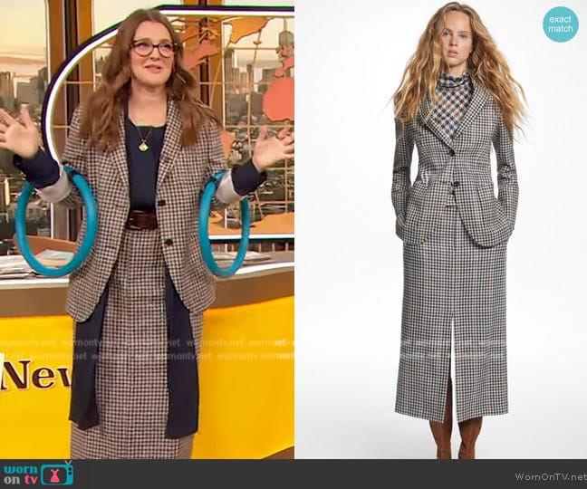 Carolina Herrera Harris Check Wool Tailored Suit Jacket worn by Drew Barrymore on The Drew Barrymore Show