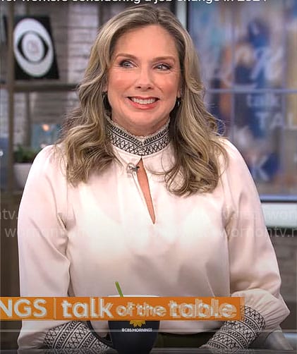 Catherine Fisher’s white embroidered blouse on CBS Mornings