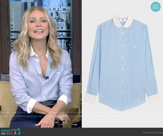 Celine Romy Shirt in Striped Silk worn by Kelly Ripa on Live with Kelly and Mark