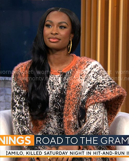 Coco Jones’ orange printed knit maxi dress on CBS Mornings