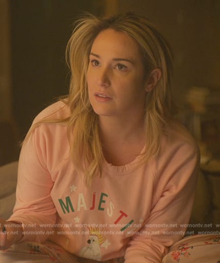 Davia’s pink majestic print sweatshirt on Good Trouble