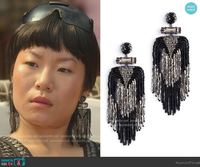 Deepa Gurnani Jody Beaded Tassel Earrings worn by Eleanor Chun (Karoline) on Death and Other Details