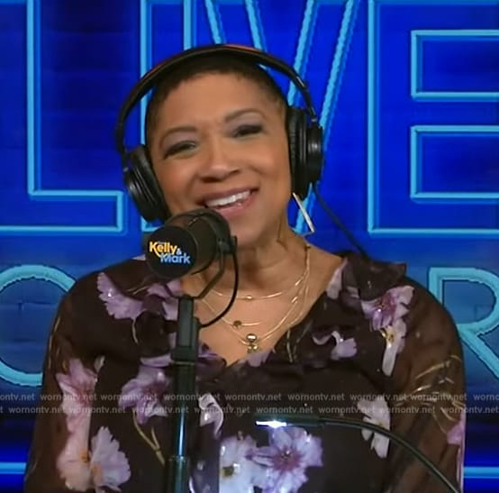 Deja Vu’s black floral print wrap blouse on Live with Kelly and Mark