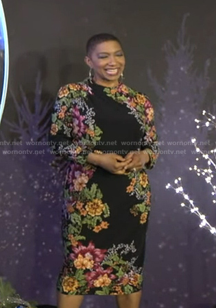 Deja Vu’s black floral print dress on Live with Kelly and Mark