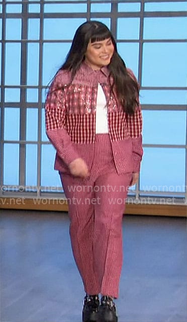Devery Jacobs’ red patchwork sequin shirt and pants on The Talk