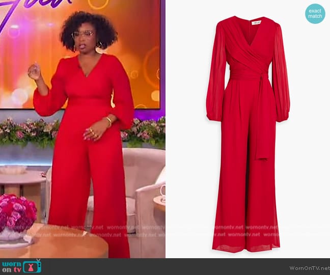 Diane Von Furstenberg Poet wrap-effect gathered crepe wide-leg jumpsuit worn by Jennifer Hudson on The Jennifer Hudson Show