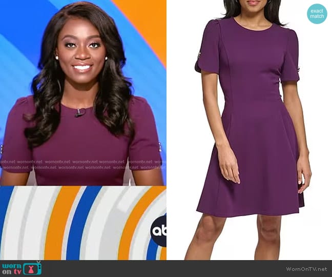 DKNY Stretch Short Sleeve Crew Neck Fit and Flare Dress in Wine worn by Faith Abubey on Good Morning America