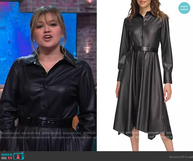 Donna Karan New York Vintage Glam Faux-Leather Midi-Shirtdress worn by Kelly Clarkson on The Kelly Clarkson Show