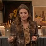 Drew’s brown plaid blazer and tie neck blouse on The Drew Barrymore Show