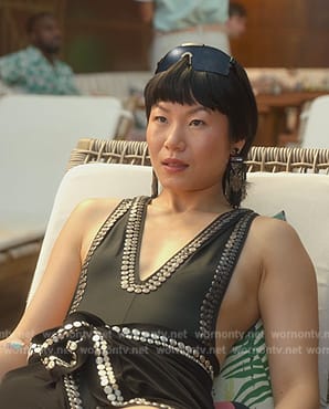 Eleanor’s black studded swimsuit on Death and Other Details