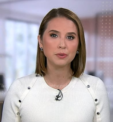 Elizabeth’s white button trim top on Good Morning America