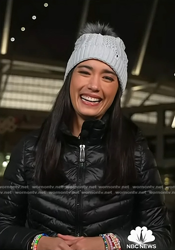 Emilie’s black quilted jacket and blue beanie on Today