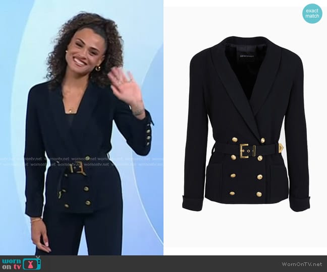 Double-Breasted Jacket in Seersucker with Belt in Midnight blueby Emporio Armani worn by Sydney McLaughlin-Levrone on Today