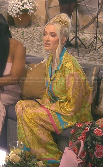 Erika’s yellow printed shirt and pants on The Real Housewives of Beverly Hills