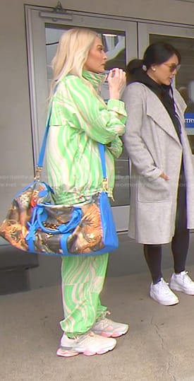 Erika’s green marble print jacket and pants on The Real Housewives of Beverly Hills