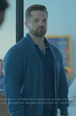 Evan’s blue knit cardigan on Good Trouble