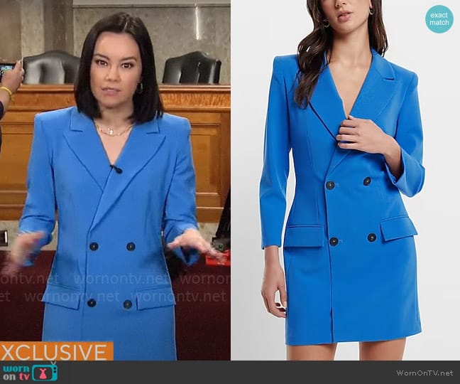 Express Double Breasted Padded Shoulder Mini Blazer Dress worn by Jo Ling Kent on CBS Mornings