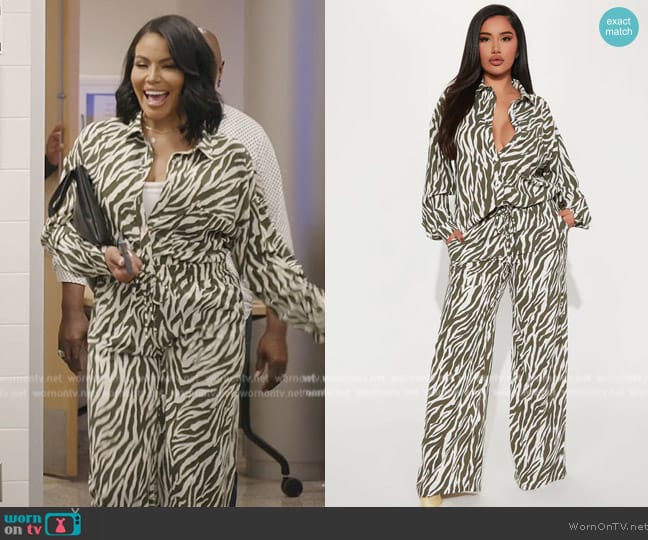 Fashion Nova She's A Beast Zebra Pant Set worn by Mia Thornton on The Real Housewives of Potomac