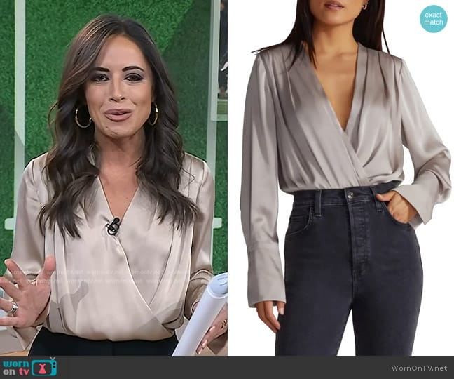 Favorite Daughter Surplice Long Sleeve Satin Bodysuit worn by Kaylee Hartung on Today