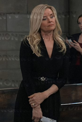 Felicia’s black v-neck dress with metal belt on General Hospital