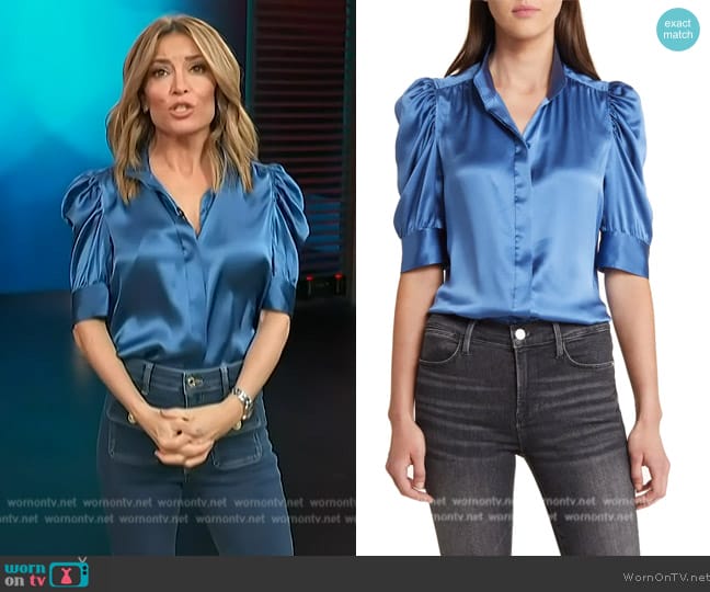 Frame Gillian Ruched Silk Top worn by Kit Hoover on Access Hollywood