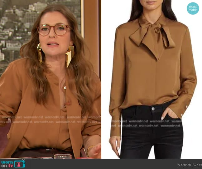 Frame Bowtie Silk Button Down Shirt worn by Drew Barrymore on The Drew Barrymore Show