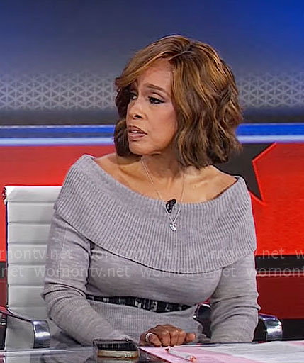 Gayle King’s grey off-shoulder sweater dress on CBS This Morning