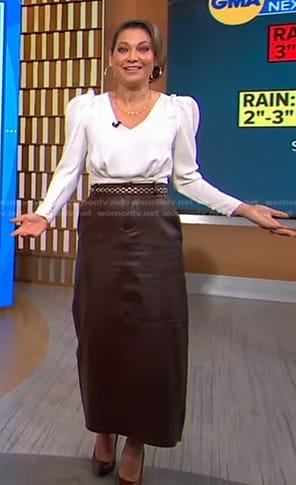 Ginger’s white puff sleeve top and leather skirt on Good Morning America