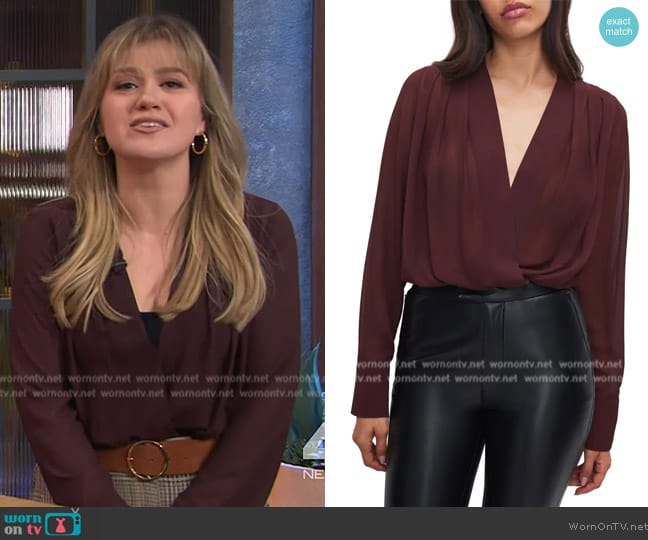 Good American Long Sleeve Wrap Front Bodysuit worn by Kelly Clarkson on The Kelly Clarkson Show